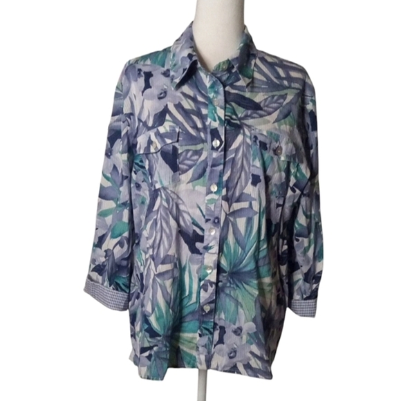 Vintage Alfred Dunner Tropical Botanical Print Blue Gingham Contrasting Cuff 20 - Picture 1 of 8